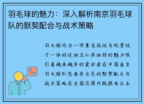羽毛球的魅力：深入解析南京羽毛球队的默契配合与战术策略